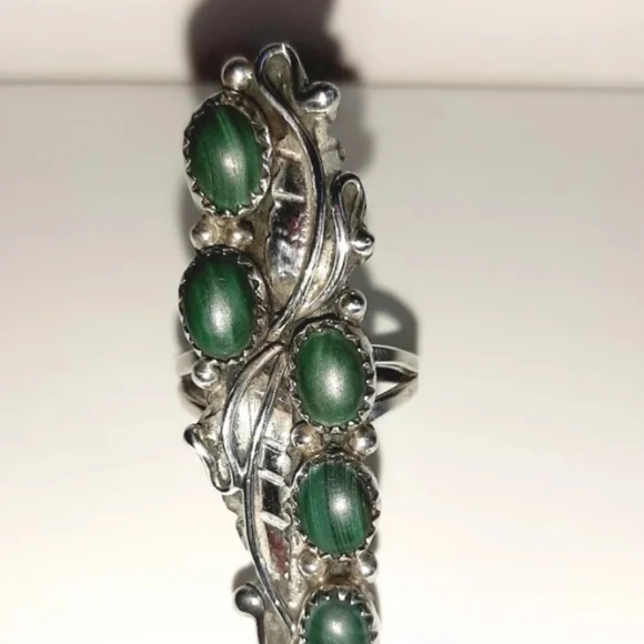 Navajo Sterling Silver Elongated Malachite Turquoise Feathers Ring 6.5 - Picture 1 of 5